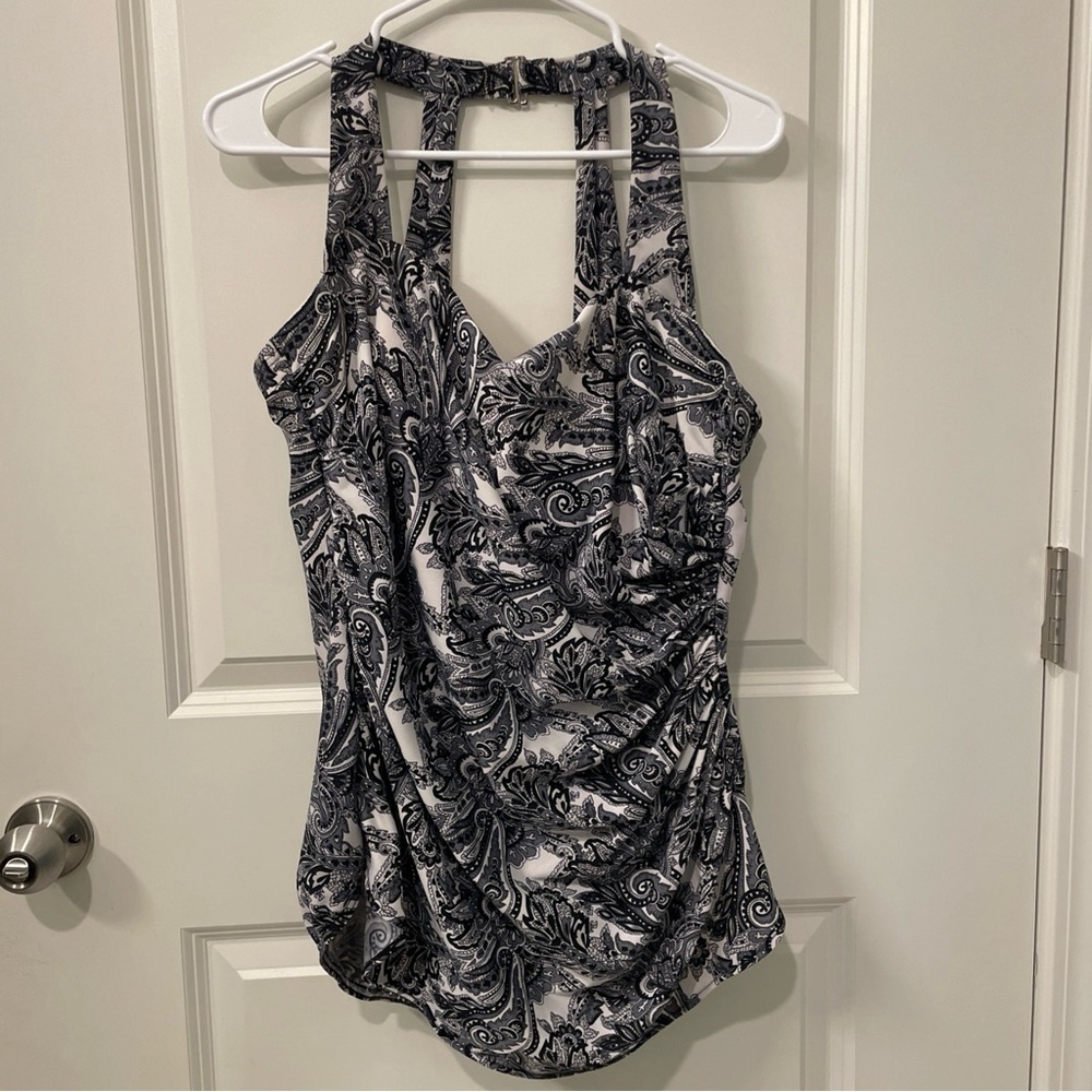 Lands End One Piece Swimsuit Size 20w Paisley Print Black White Built In Bra